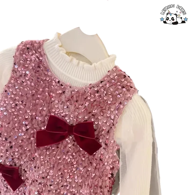 LEZONKIDS - Customizable New Arrival Girl Clothing Set Long Sleeve Sweater Pink Velvet Sequin Dress Set